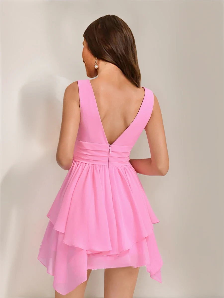 DingJi Wedding A-line Princess V-neck pleated asymmetrical chiffon short Homecoming Dresses